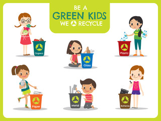 kids segregating trash recycling concept illustration