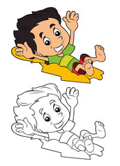 Cartoon child having fun on a sand - with coloring page - illustration for the children