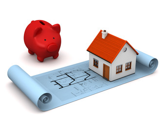 Bauplan mit Haus und einem Sparschwein