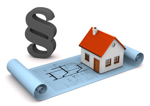 Bauplan mit Haus und Paragraf als Symbol f&uuml;r Bauvorschriften