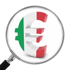 Italy Finance Concept - Italian Euro Symbol Under Magnifying Glass - 3D Illustration