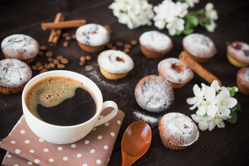 coffee cup, tasty seedcake and flower