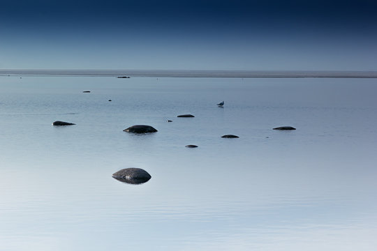 Cloudy Blue Minimalist Seascape. Deserted Space. Horizon Line. Background.