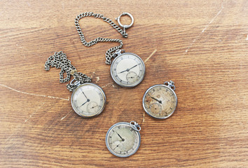 Old pocket watch on a wooden background