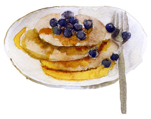 watercolor pancakes on a plate on a white background
