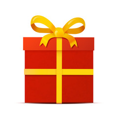 Red gift box with yellow ribbon on white