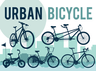 Set of silhouettes of bicycles on the city skyline. Vector illus