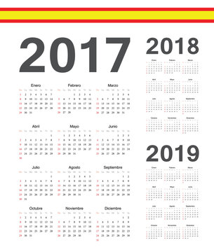 Set of Spanish 2017, 2018, 2019 year vector calendars