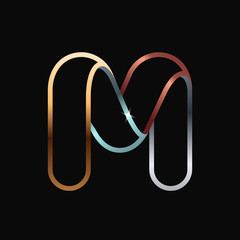 M letter one line golden logo.