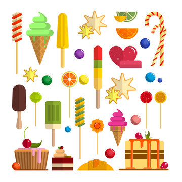 Vector set of sweet food icons in flat style. Design elements isolated on white background. Ice cream cones, candy, sweets, cake. 