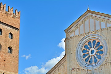 Fototapeta na wymiar The romanesque church in Verona, San Zeno, with the cloister and the medieval tower..