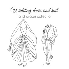 Wedding dress and suit illustration. Sketchy style. Hand drawn bride and groom ceremony wear design