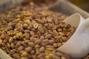 close-up of pistachio nuts and scoop.