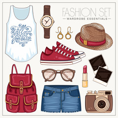 Summer fashion set with jeans shorts, backpack and sneakers