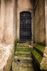 Fototapeta na wymiar Vintage castle door and concrete wall