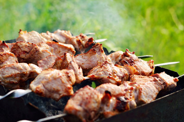Appetizing shish kebab is fried on a skewers outdoor