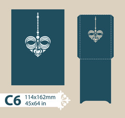 Layout congratulatory envelope with carved openwork pattern. Template is suitable for wedding greeting cards, invitations, etc. Picture suitable for laser cutting, plotter cutting or printing. Vector