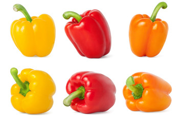 Collection of different raw bell peppers isolated on white