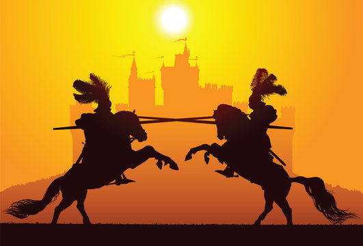Two equestrian knights with the castle on the background