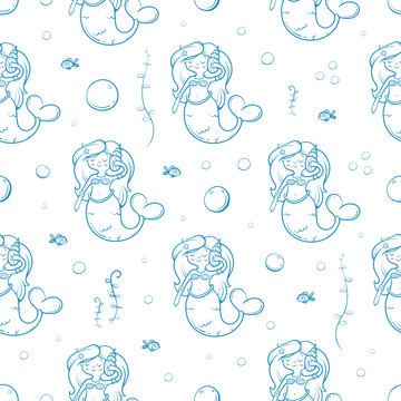 Seamless  pattern with cute cartoon mermaids on  white  background. Underwater life. Children's illustration. Vector image.