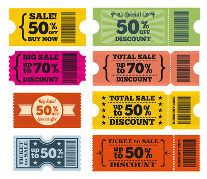 Sale tickets vector set. Tag sale, label sale, coupon sale, discount sale illustration