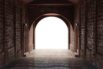 Obraz premium Walkway tunnel made by red brick and middle white isolated space