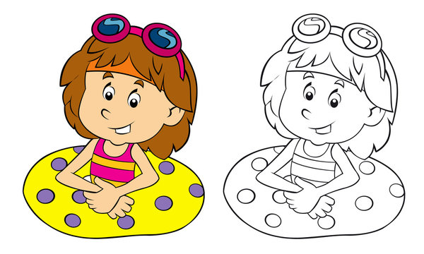 Cartoon child having fun swimming - with coloring page - illustration for the children