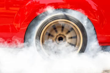 Tuinposter Dragster Car Burn Out Rear Tyre With Smoke. © toa555