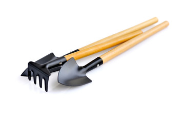 A set of garden tools for plant care on white background