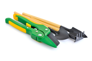 A set of garden tools for plant care on white background