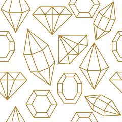 Diamond gem shape golden line seamless pattern. Diamond geometric outline objects on white background.