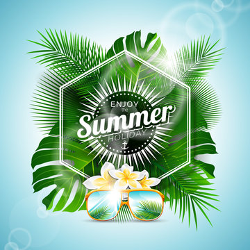 Vector Enjoy the Summer Holiday typographic illustration with tropical plants and flowers on light blue background.