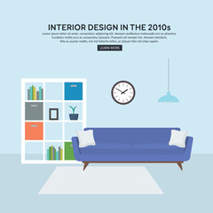 Interior living room with set of cabinet, sofa, lamp, carpet. Flat design. Vector illustration.