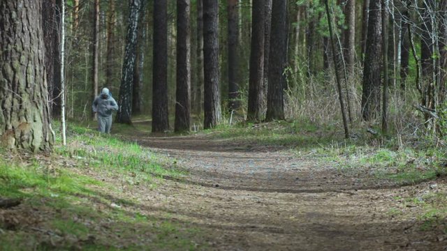 Man is jogging at the forest