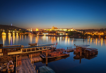 Boat dock near St. Vitus cathedral, Prague, Czech republic.