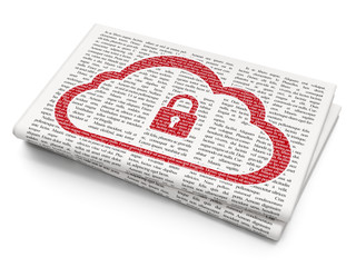 Cloud networking concept: Cloud With Padlock on Newspaper background