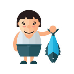 cute vector woman and blue fish