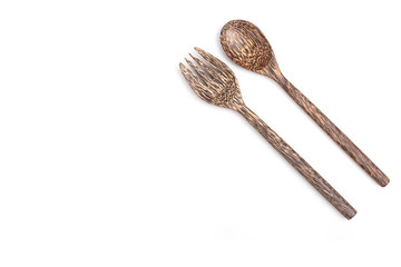 Close up wooden spoon and fork isolated on white