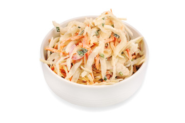 Side view of  bowl filled with coleslaw isolated on  white background.