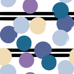 Obraz premium Cute vector geometric seamless pattern . Polka dots and stripes. Brush strokes. Hand drawn grunge texture. Abstract forms. Endless texture can be used for printing onto fabric or paper