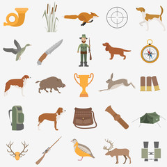 Hunting icon set. Dog hunting, equipment. Flat style