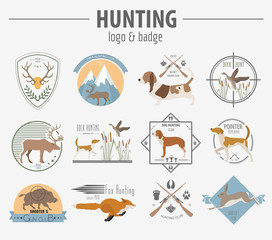 Hunting logo and badge template. Dog hunting, equipment.  Flat d