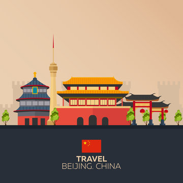 Trip to China. Vacation. Road trip. Tourism. Journey. Travelling illustration Beijing city. Modern flat design. China. Beijing skyline