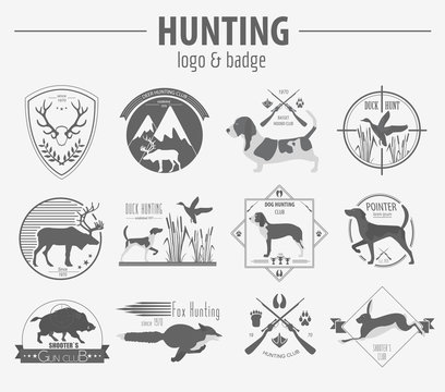 Hunting logo and badge template. Dog hunting, equipment.  Flat d