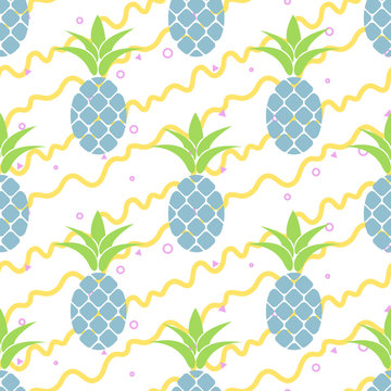 Summer pastel pineapple seamless design. Pattern for bed linen and apparel. Ananas yellow stripes and blue fun pattern.