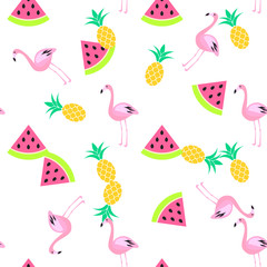 Obraz premium Lato bez szwu wzór tropiku z arbuza, flaminga i ananasy. Różowy i żółty wzór zabawy.