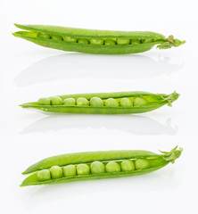Fresh green pea pods set, isolated on white background
