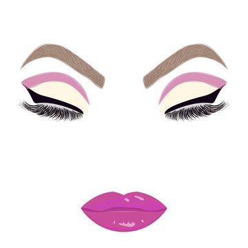Beautiful woman's face with closed eyes. Woman face with fashion makeup. Sexy lips. Perfect eyebrow. Vector illustration.
