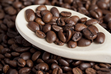 close-up shot of coffee beans in spatula.