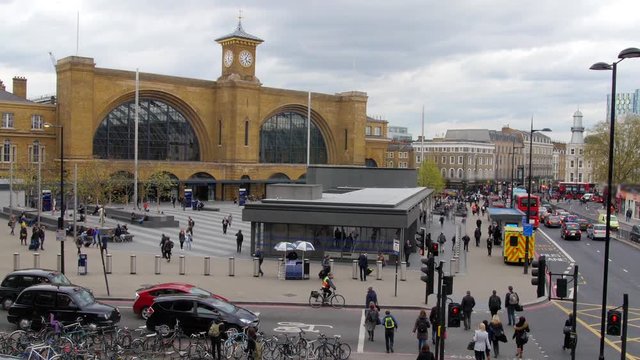 View of a busy crossroad by King's Cross station in London